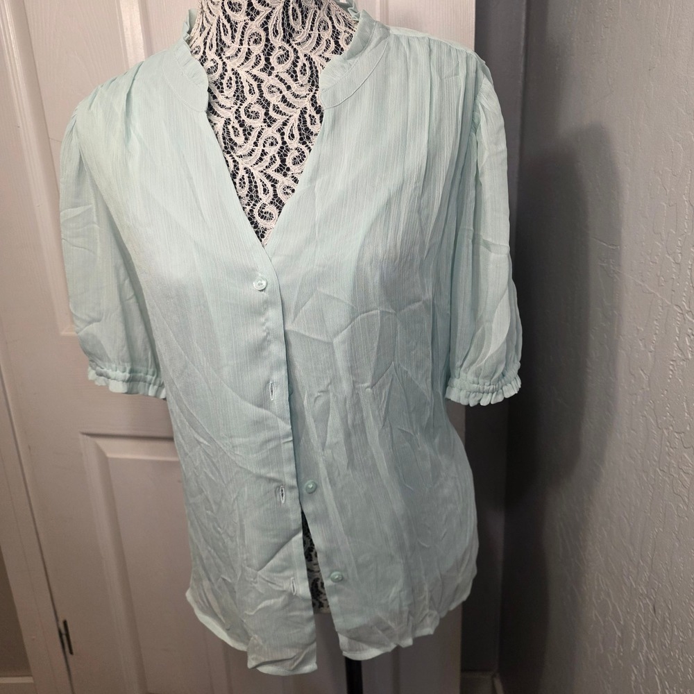 Cottagecore Womens XL Mint Green Blouse Puff Sleeve V Neck Relaxed Top Nine West